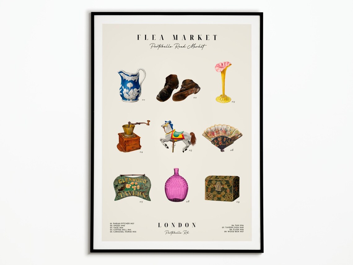 Flea Market London Portobello Road Vintage Antique Finds Chart Poster