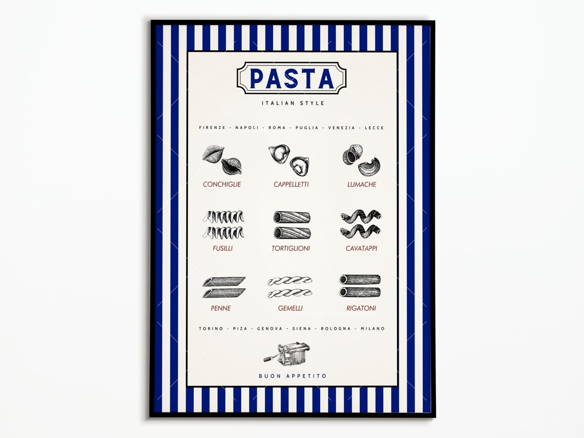 Vintage Italian Pasta Poster, Penne Kitchen Wall Art Print