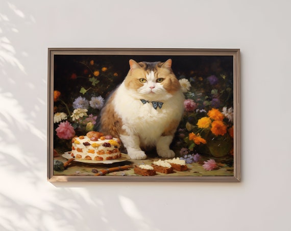 Claude Monet Style Painting Cat And Cake Fat Gift For Lover Mom Dessert Wildflowers