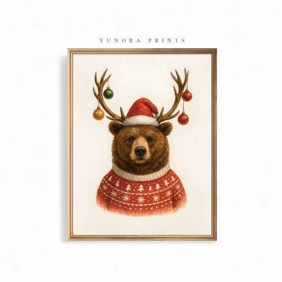 Bear Christmas Sweater Antlers Santa Hat Cute Holiday Animal Poster