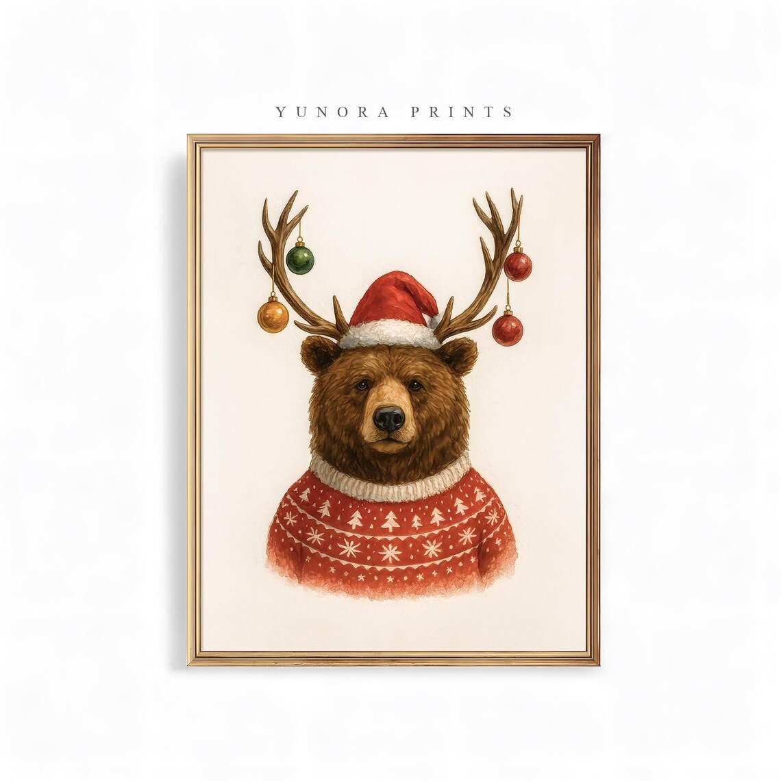 Bear Christmas Sweater Antlers Santa Hat Cute Holiday Animal Poster