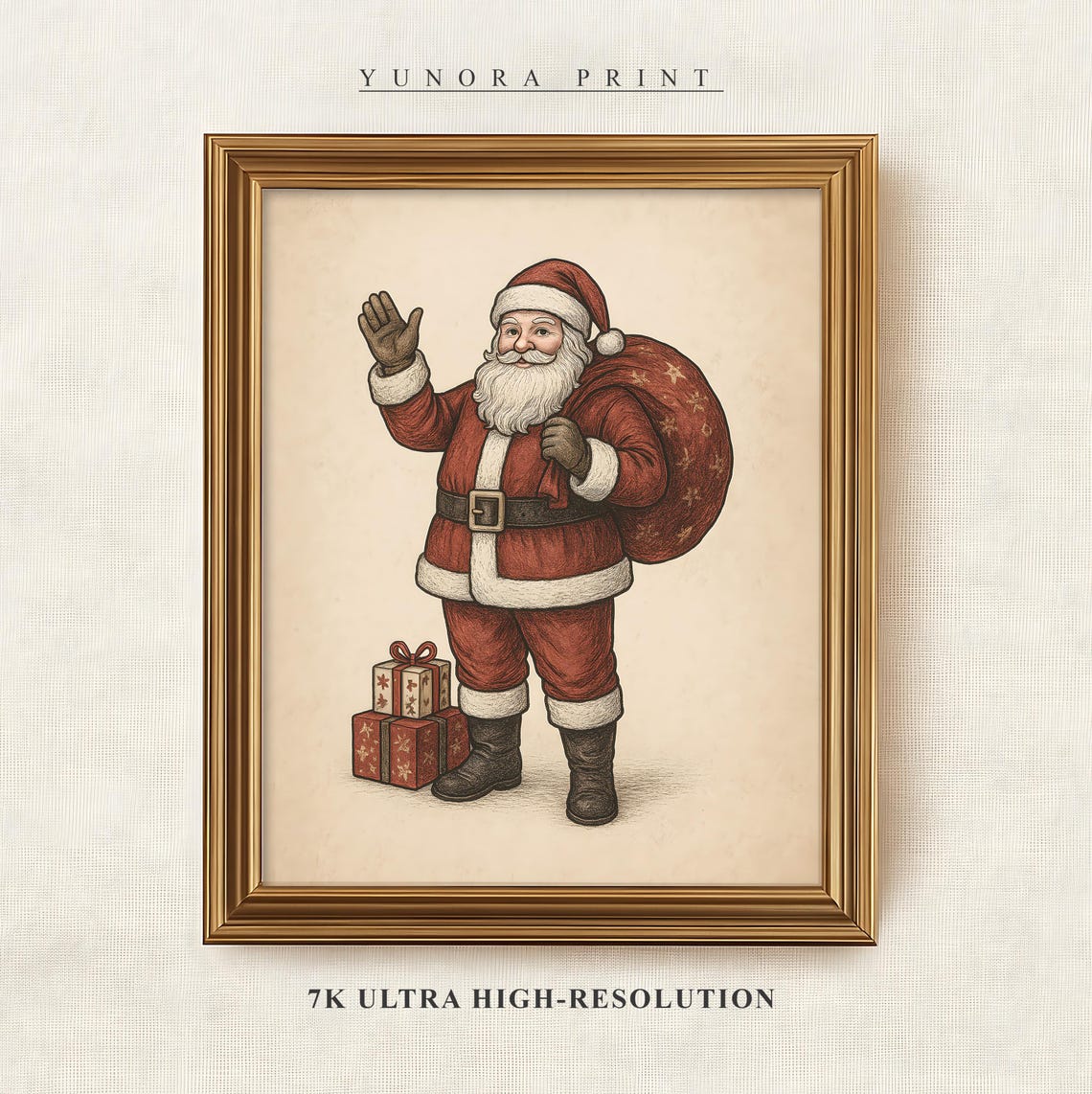 Waving Santa Claus Toy Sack Vintage Style Cozy Christmas Art Poster