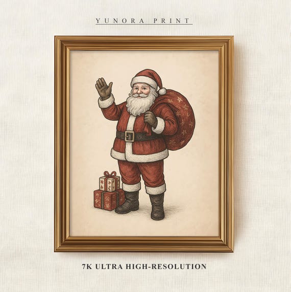 Vintage Christmas Santa Claus Art Retro Illustration Xmas Home Decor Classic Holiday Wall