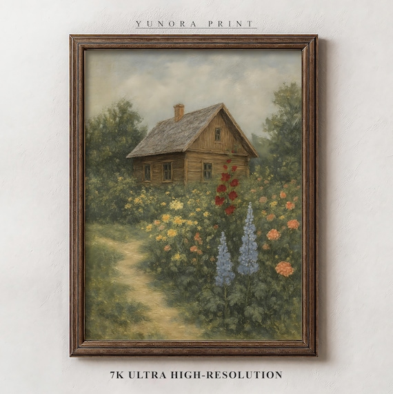 Rustic Wooden Cabin Garden Poster Wildflowers Hollyhocks Country Art