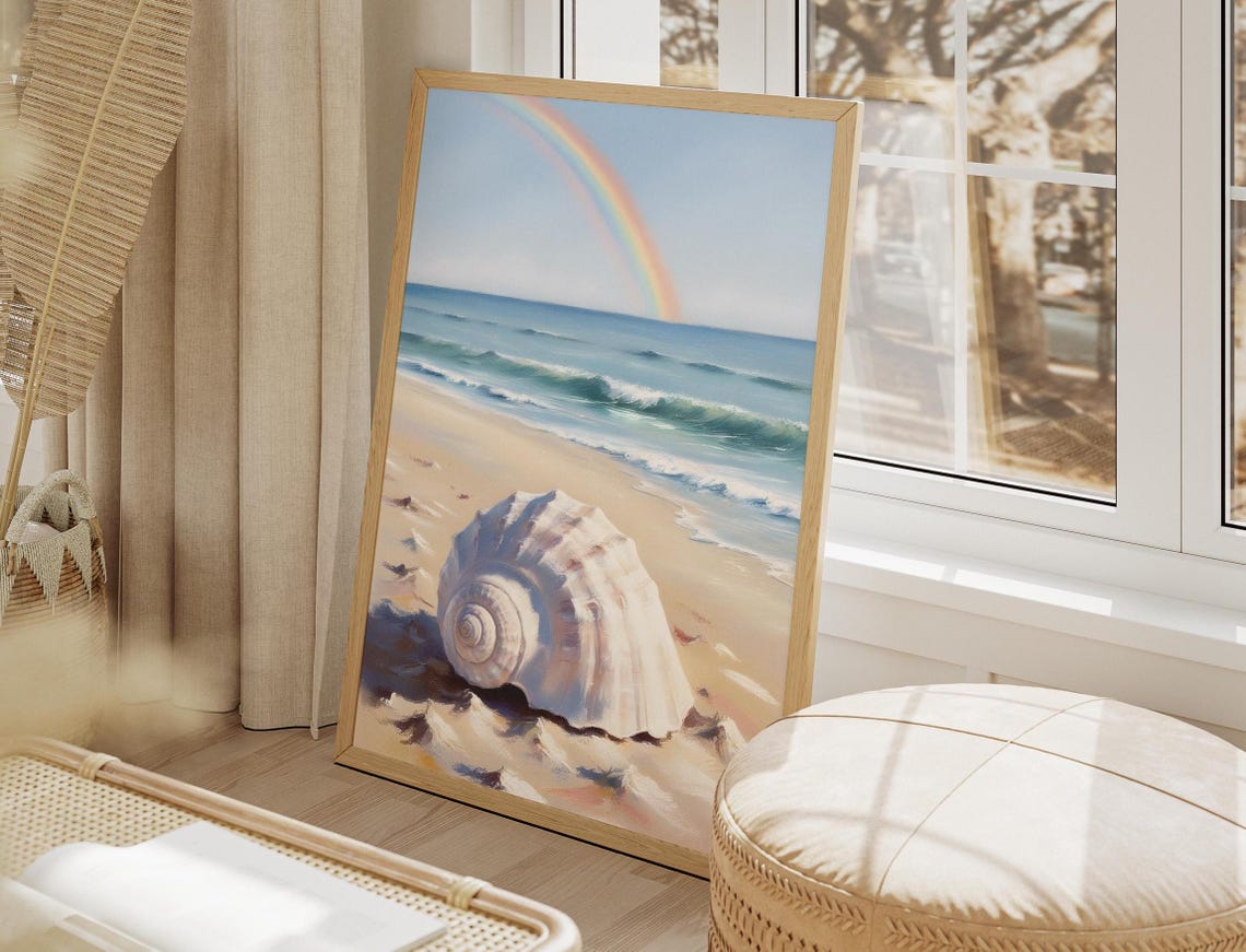 Seashell Beach Rainbow Ocean Waves Serene Coastal Art Poster