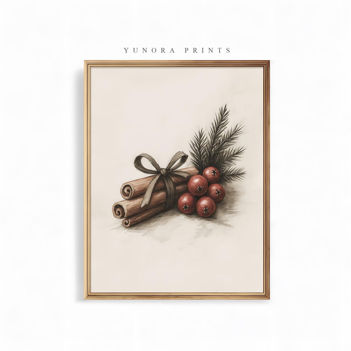 Cinnamon Sticks and Red Berries Christmas Botanical Art Poster