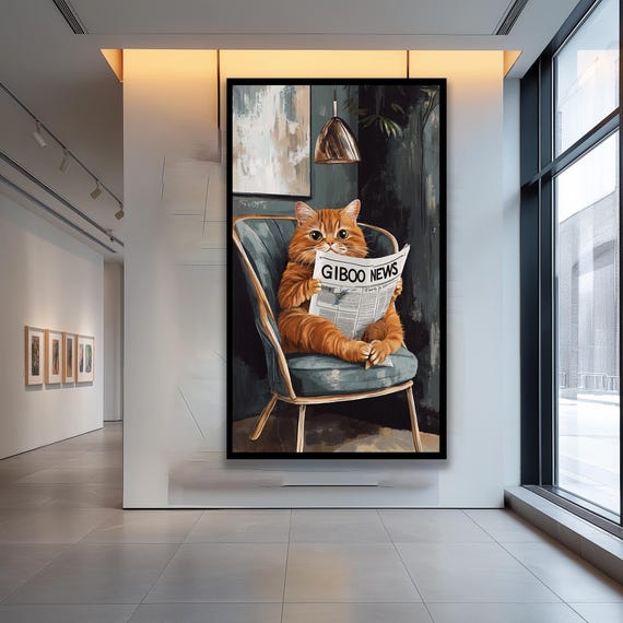 Orange Tabby Cat Reading Newspaper Funny Whimsical Pet Poster