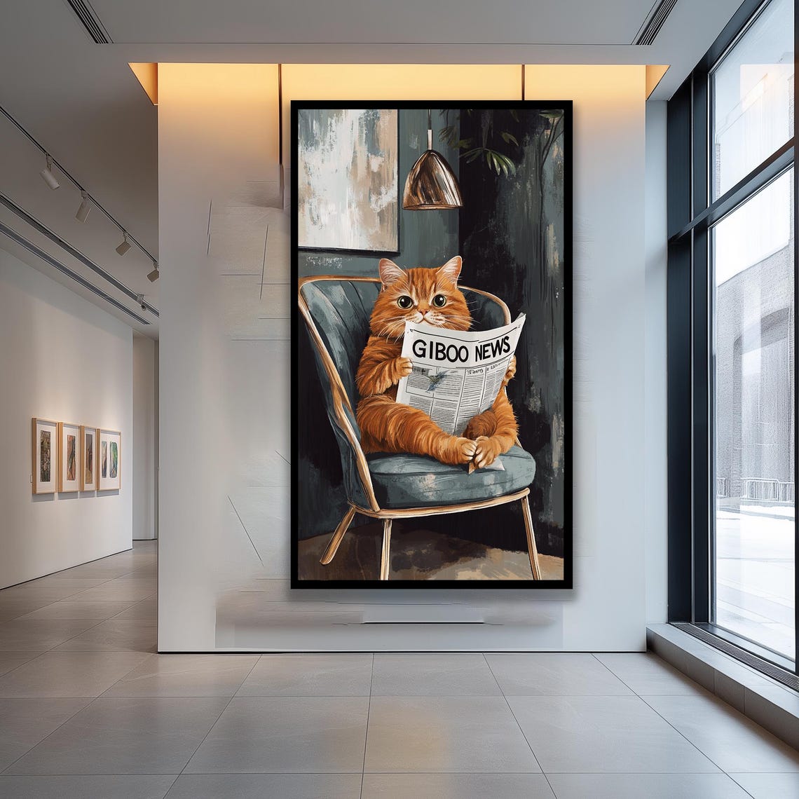 Orange Tabby Cat Reading Newspaper Funny Whimsical Pet Poster