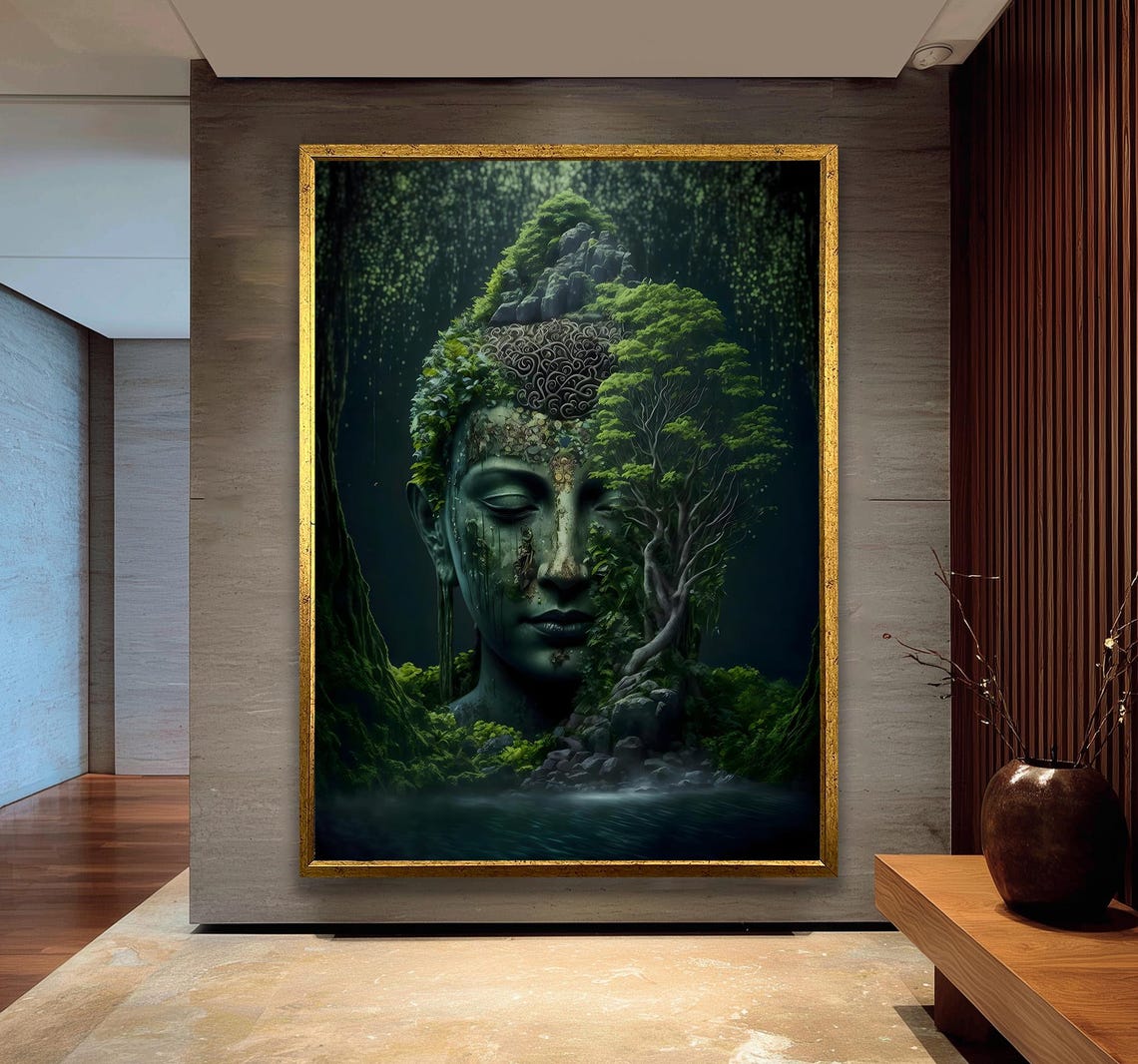 Stone Buddha Face Overgrown With Forest Trees Peaceful Zen Poster