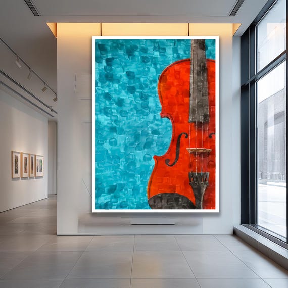 Violin Canvas Wall Art Abstract Music Instrument Painting Modern Blue And Orange Artwork For Lovers Large Musical Home Decor