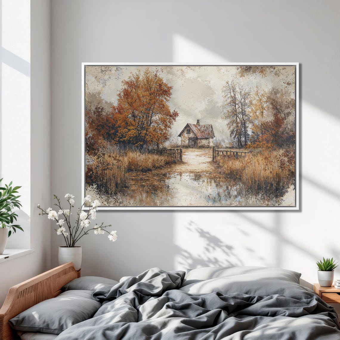 Cozy Autumn Cottage Beyond Wooden Gate and Golden Trees Poster - Image 2