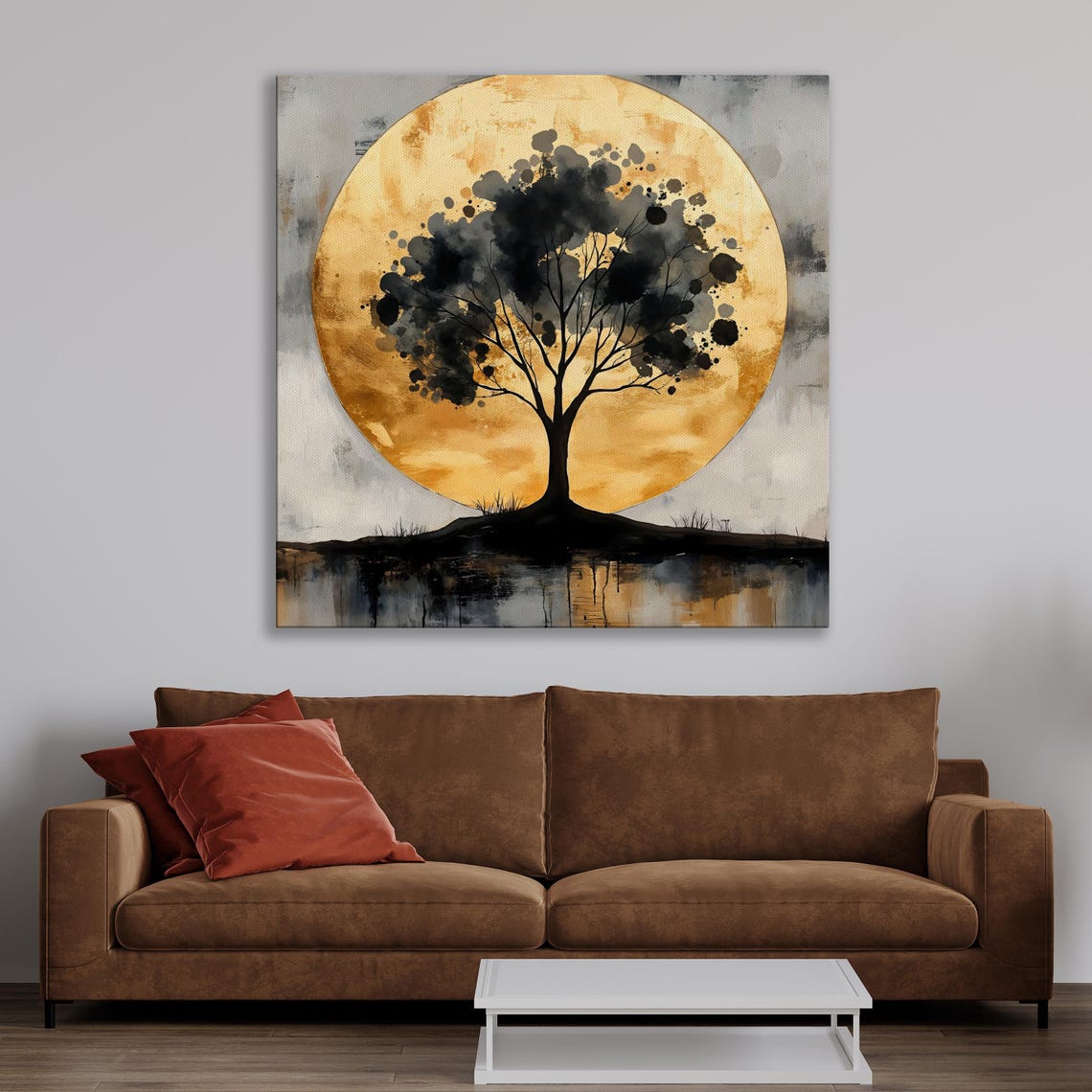 Abstract Tree Silhouette Wall Art Golden Moon Painting Print Modern Landscape Wall Decor Nature Inspired Poster Ready To Hang Gift - Image 2