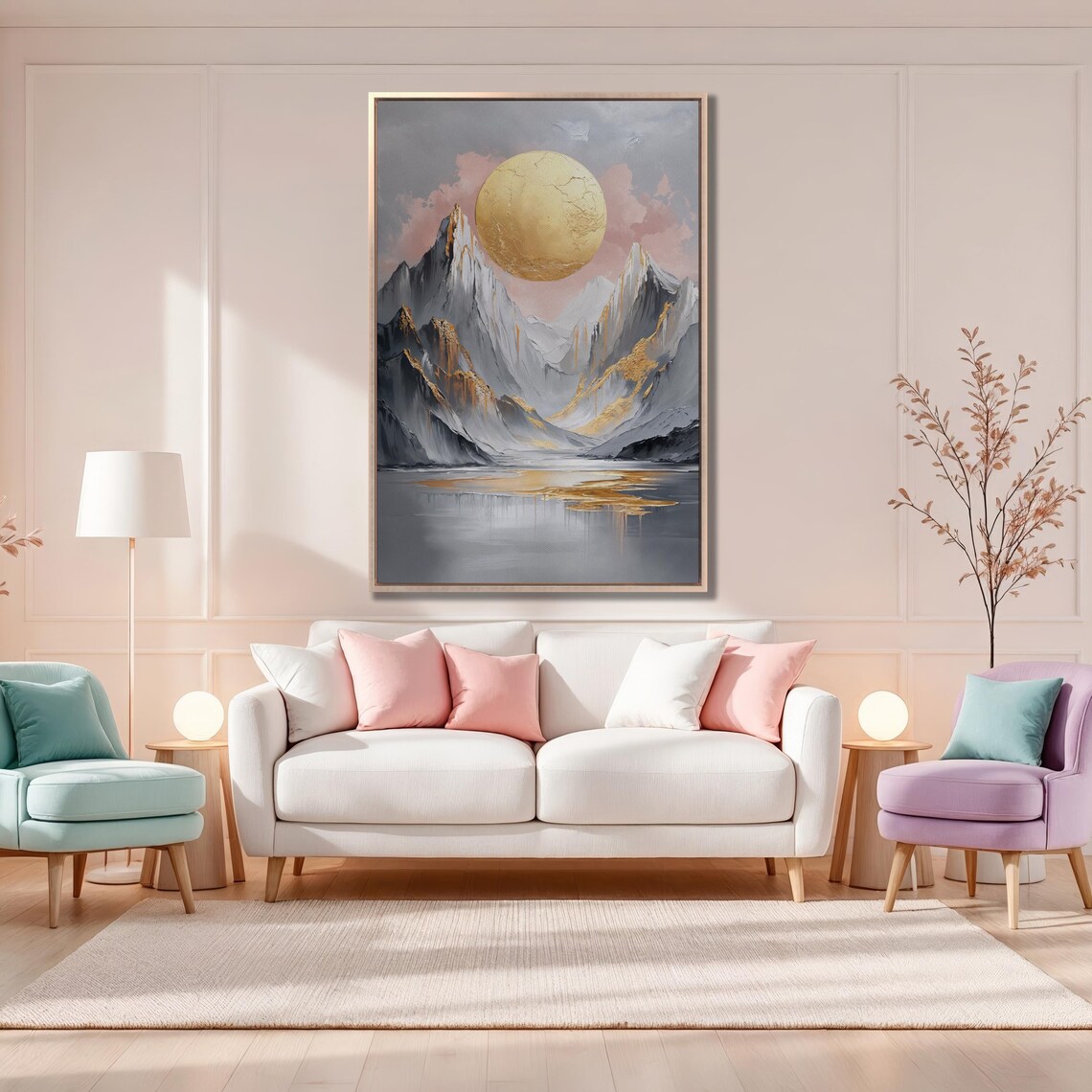 Golden Moon Over Snowy Peaks With Pink Clouds and Lake Poster - Image 2