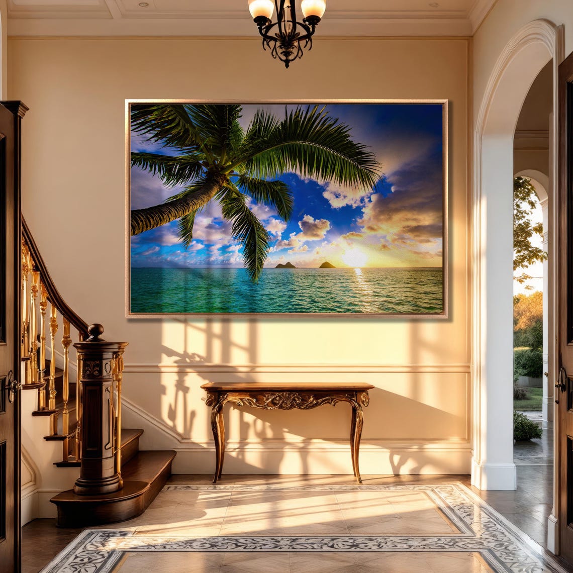 Palm Tree Over Turquoise Ocean At Sunrise Tropical Island Art Poster - Image 2