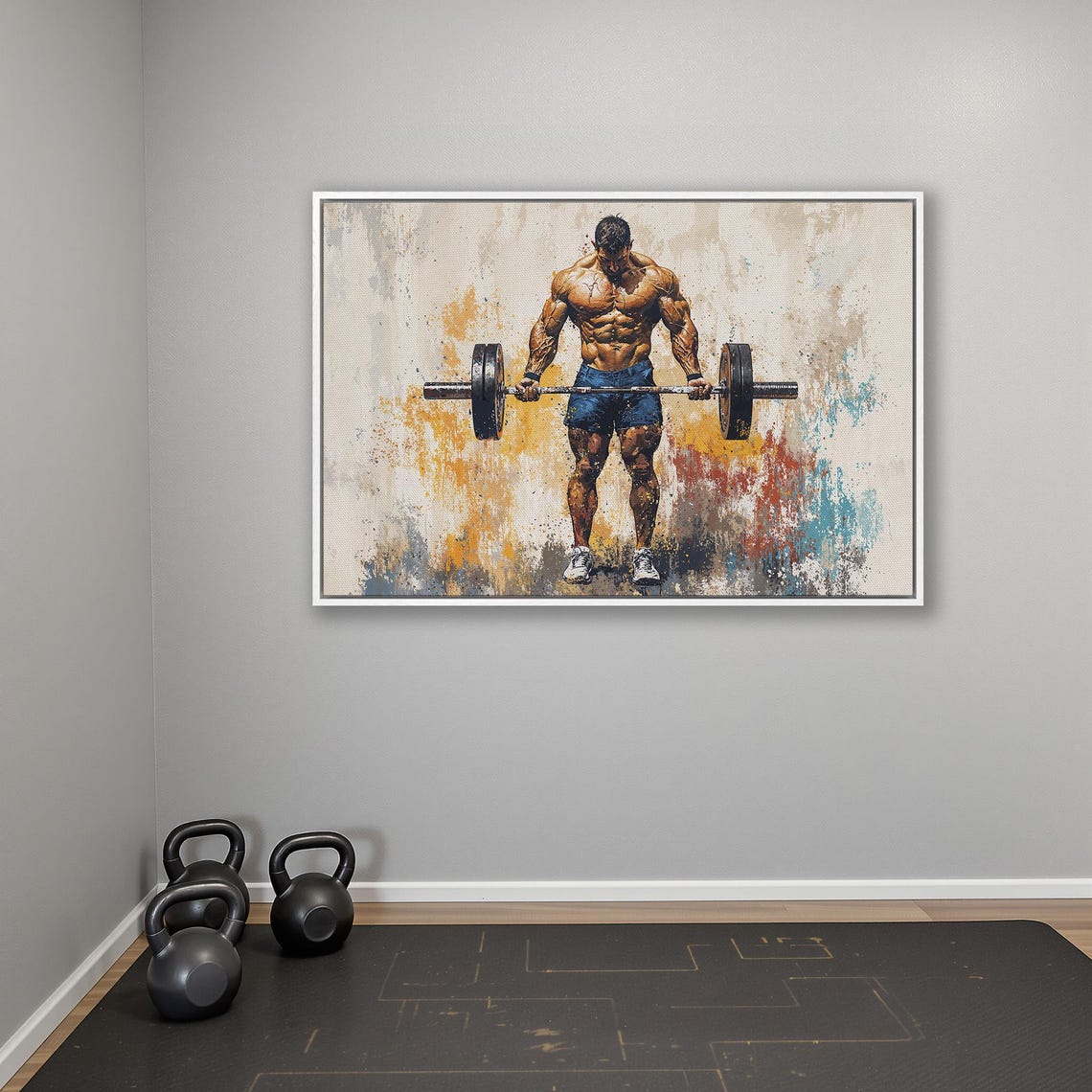 Bodybuilder Deadlift in Blue Shorts Warm Paint Splash Poster - Image 4
