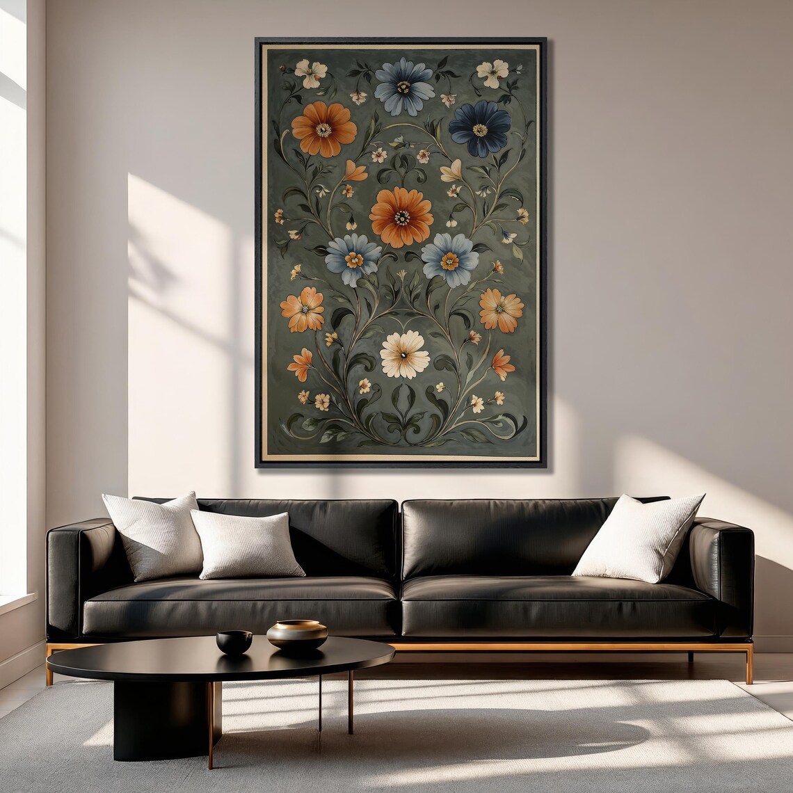 Vibrant Wildflowers in Blue and Orange on Sage Green Art Print - Image 6