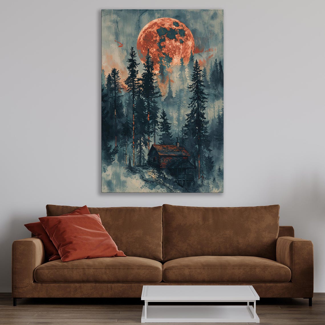 Crimson Moon Over Misty Forest And Lonely Cabin Painting Poster - Image 3
