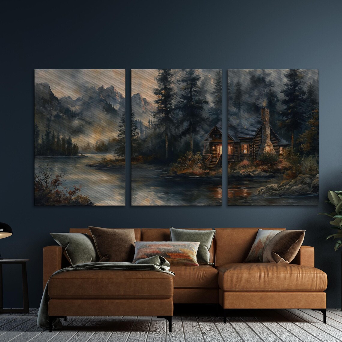 Rustic Riverside Cabin, Misty Mountains Pine Forest Art Print - Image 5