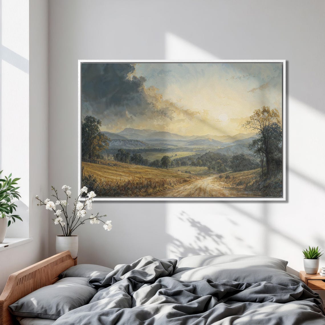 Golden Hour Valley with Dirt Road and Dramatic Clouds Poster - Image 2
