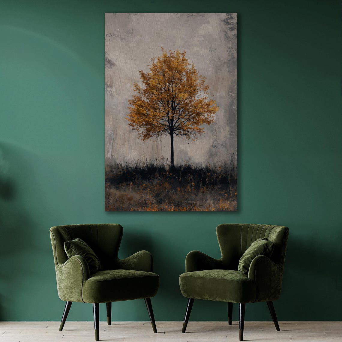 Lone Autumn Tree With Gold Leaves in a Gray Misty Landscape Poster - Image 3