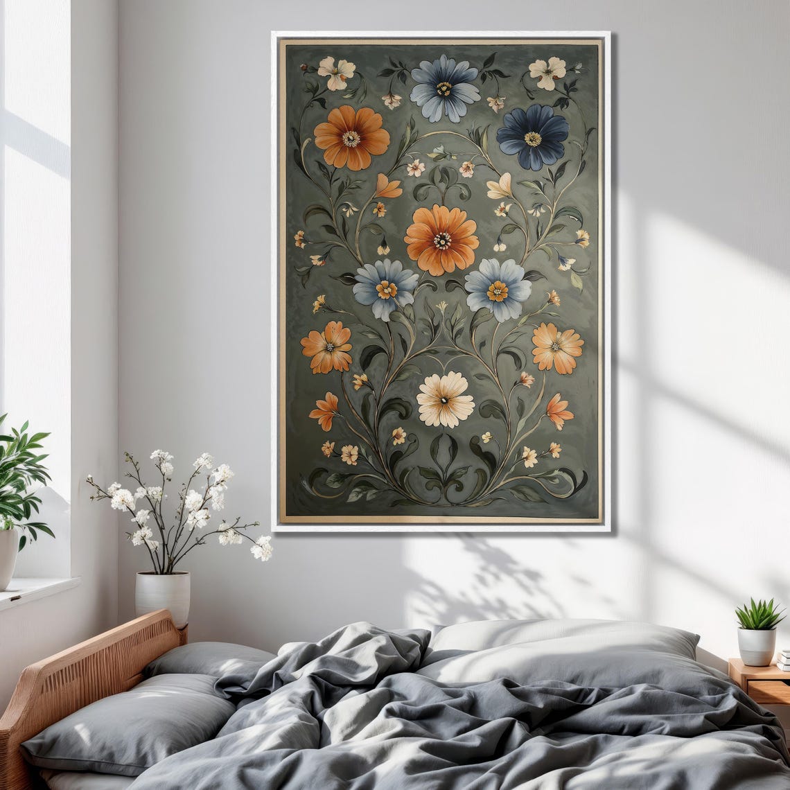 Vibrant Wildflowers in Blue and Orange on Sage Green Art Print - Image 2