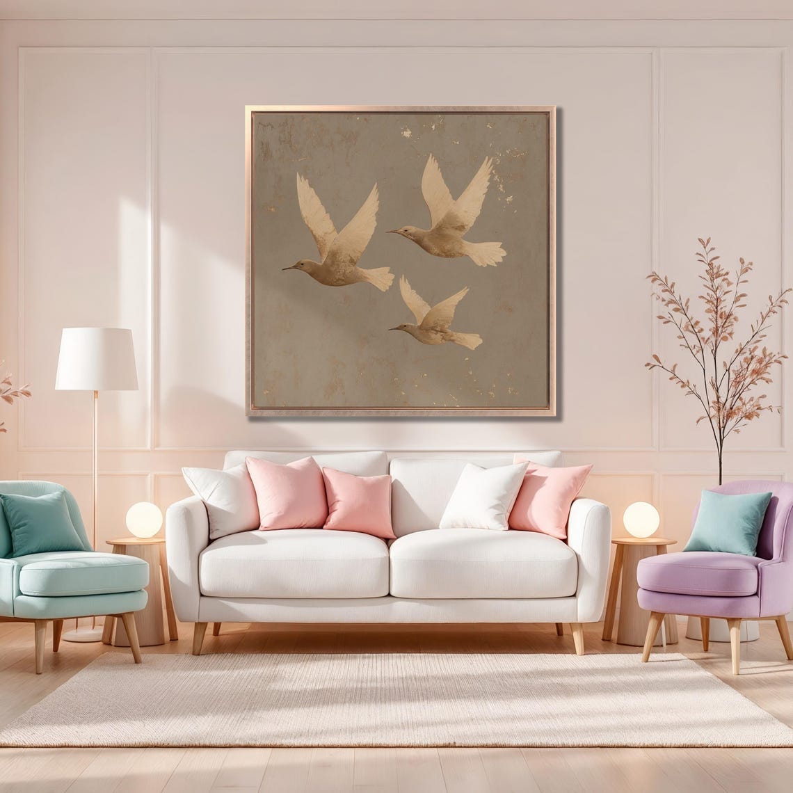 Three Flying Birds in Sepia Gold Minimalist Nature Art Poster - Image 4