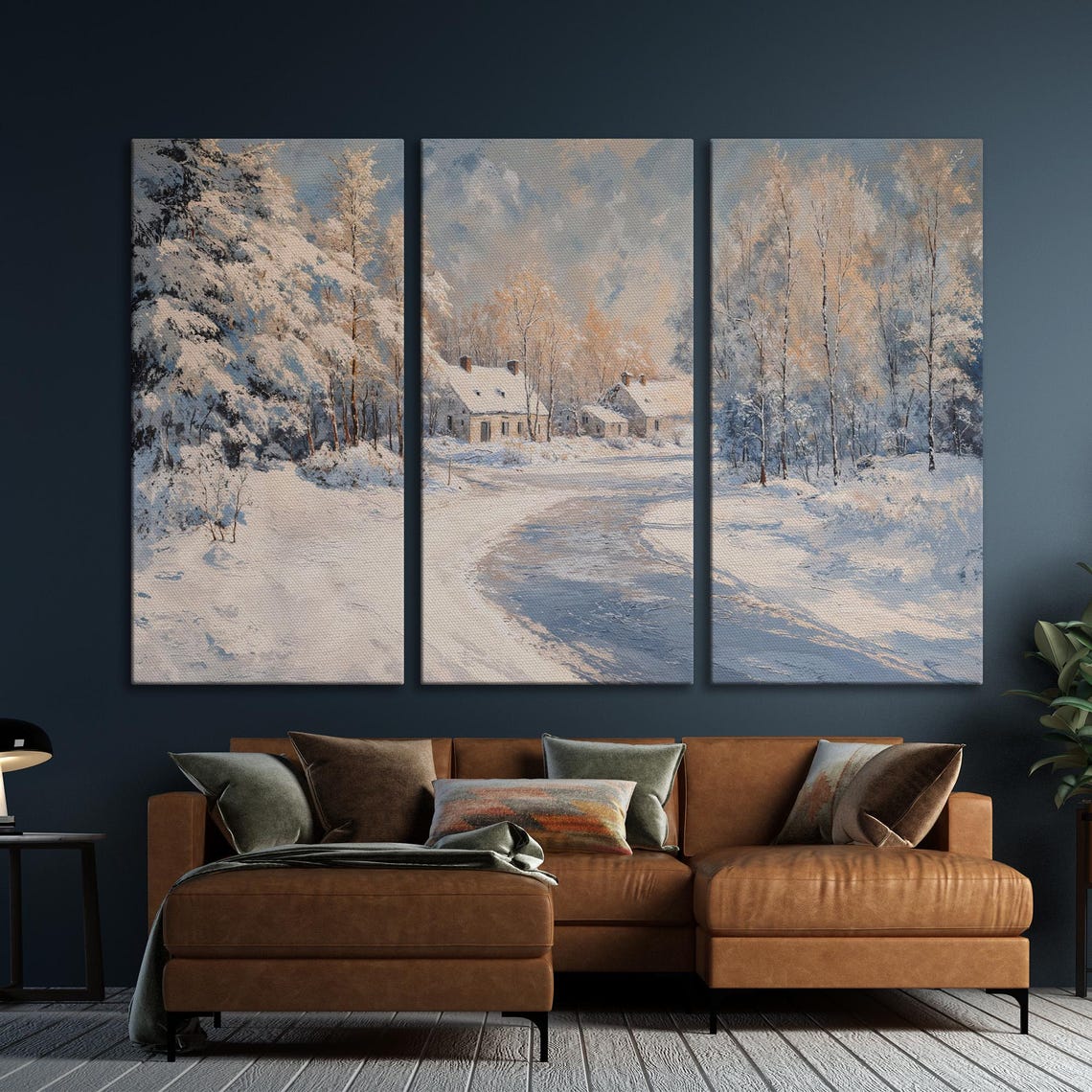 Snowy Trees And Village By Road Framed Print Cozy Cabins In Forest Painting Winter Home Decor Nature Lover Gift Ready To Hang - Image 6