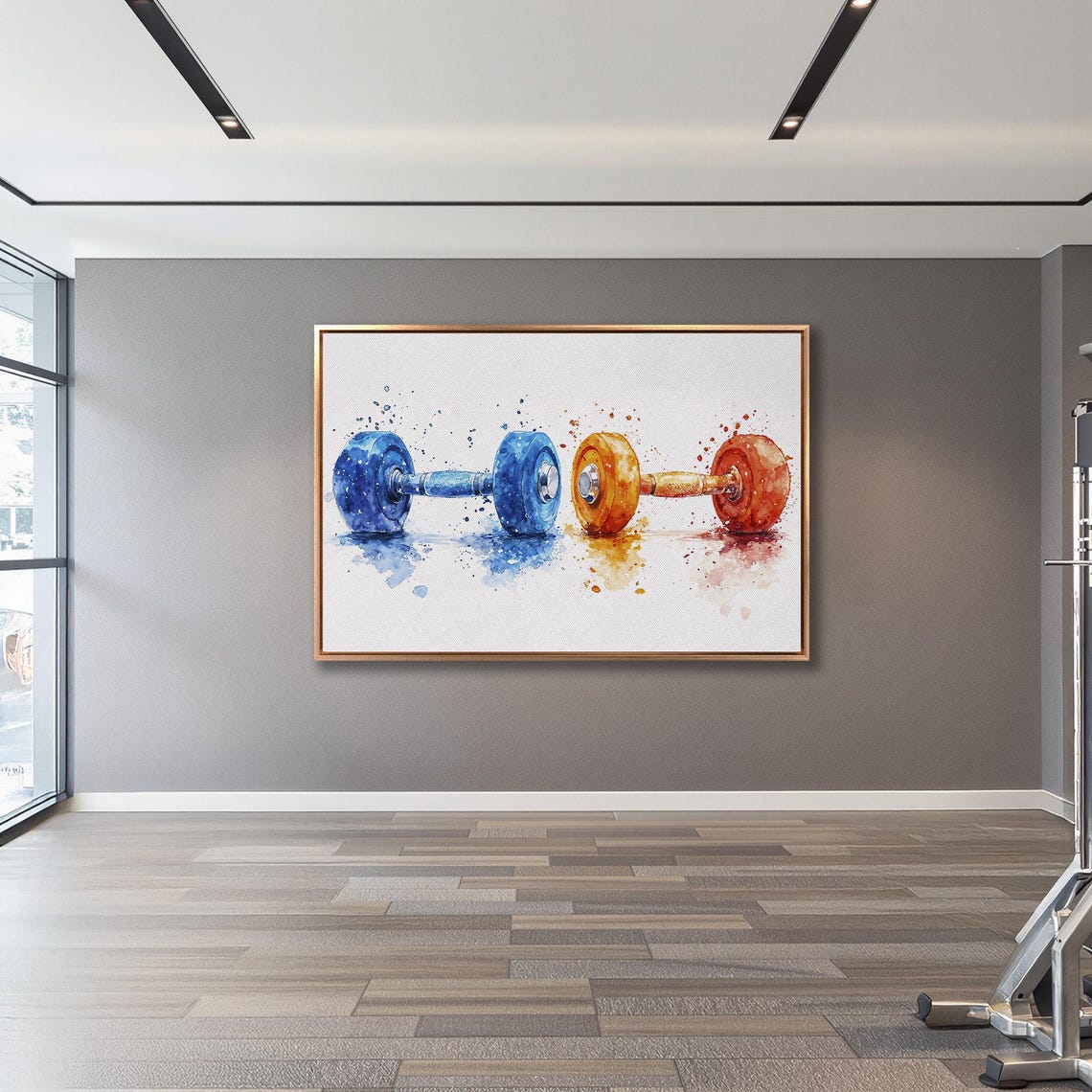 Blue And Orange Watercolor Dumbbells With Paint Splashes Gym Poster - Image 3