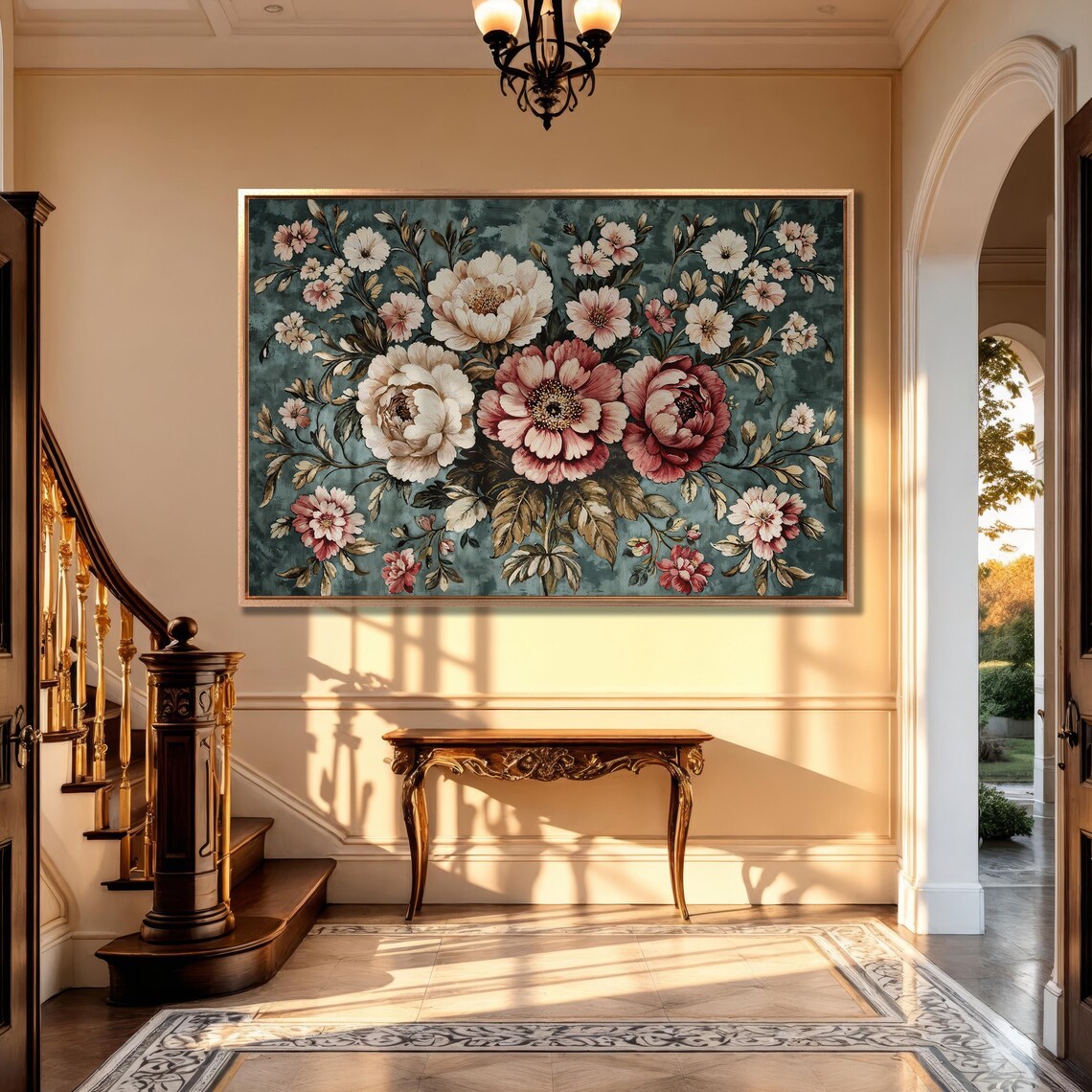 Pink Peony Bouquet on Teal Ground Vintage Floral Painting Poster - Image 5