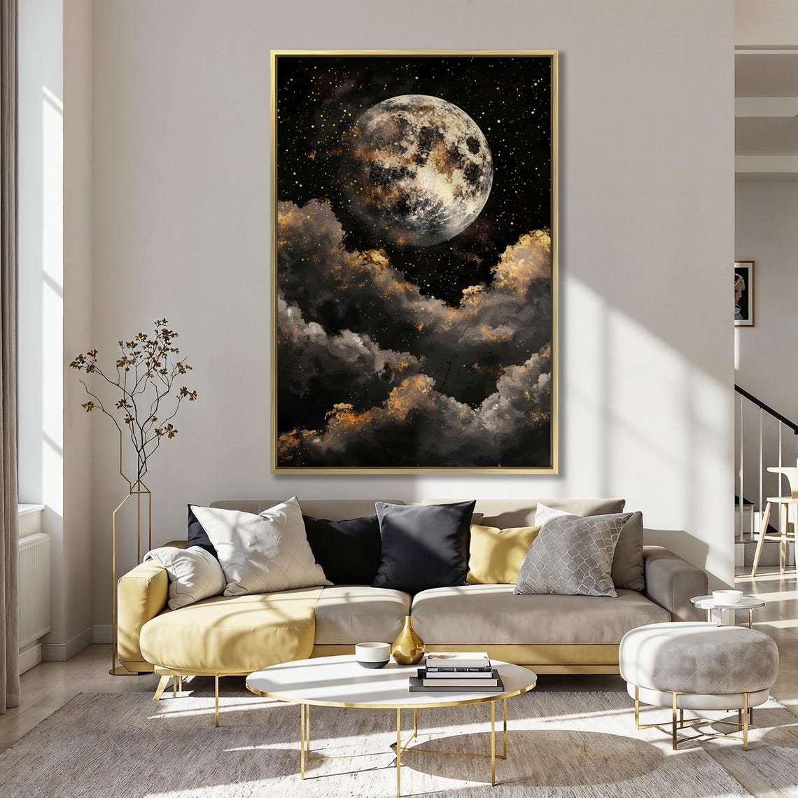 Full Moon Rising Over Golden Clouds Starry Night Sky Artwork Poster - Image 4