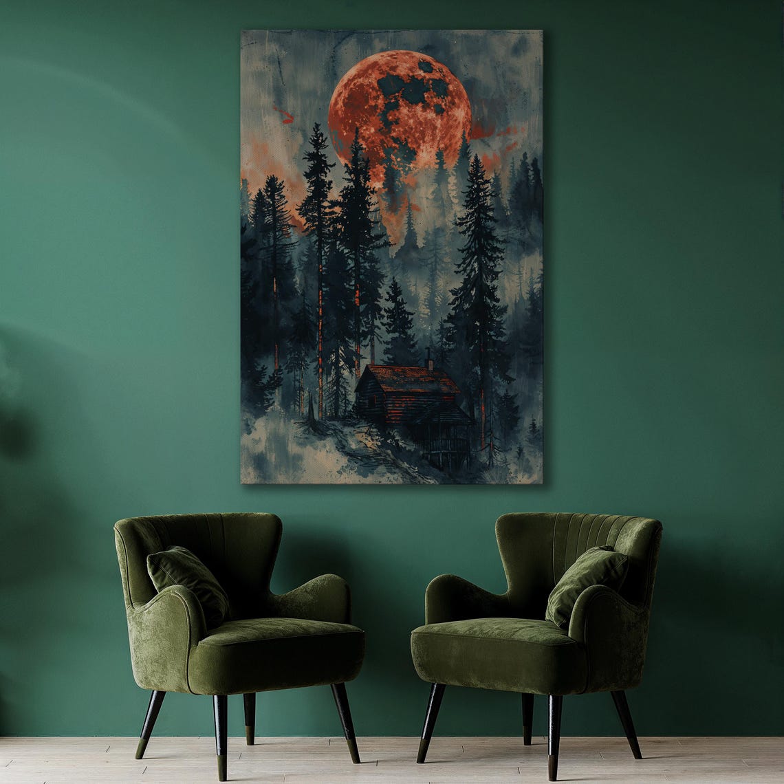 Crimson Moon Over Misty Forest And Lonely Cabin Painting Poster - Image 2