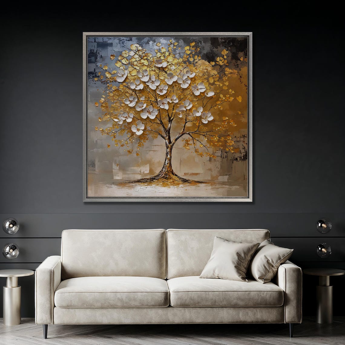 White Blossoms and Gold Leaves Flowering Tree Floral Wall Art - Image 5