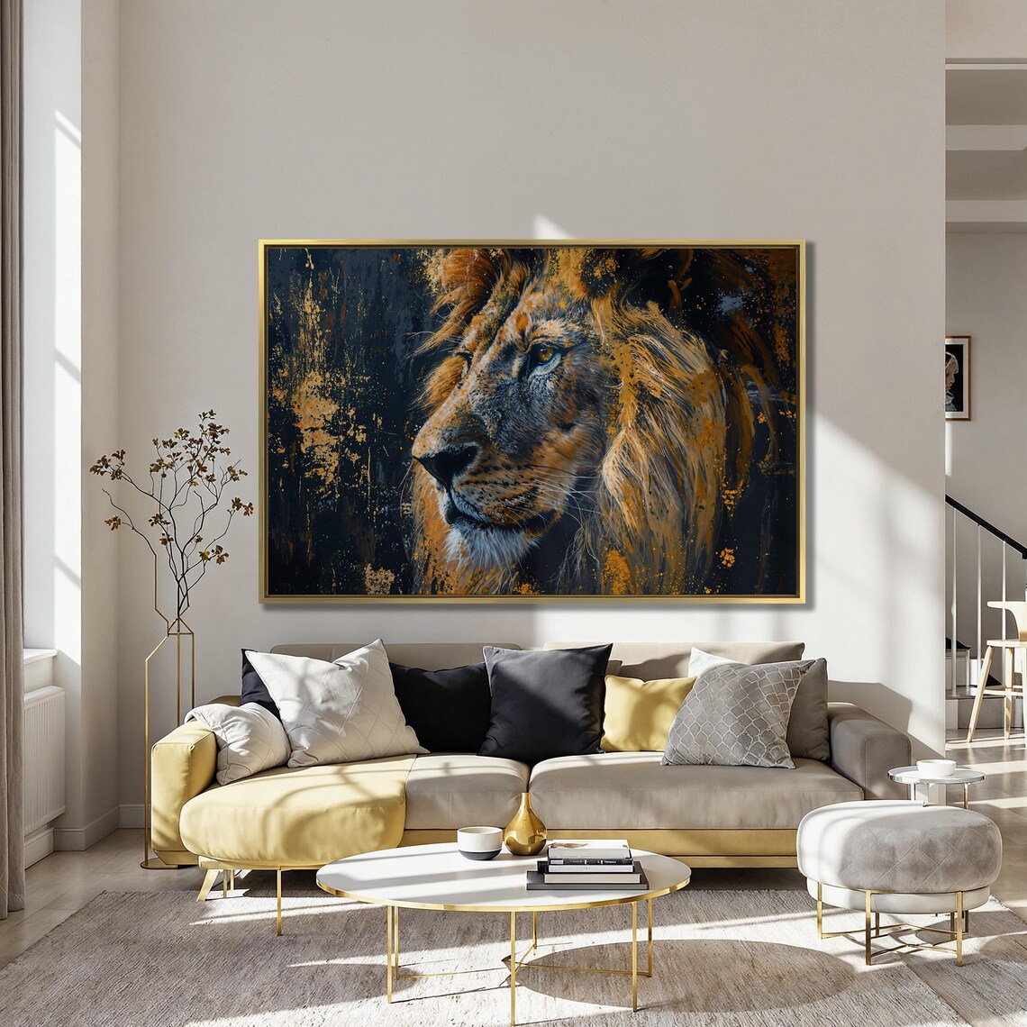Lion Profile in Golden Black Oil Painting Wildlife Portrait Poster - Image 4