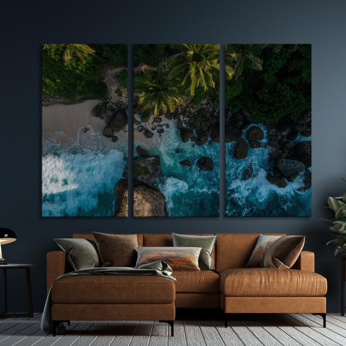 Aerial Drone View Of Rocky Beach Palms And Turquoise Waves Poster - Image 5