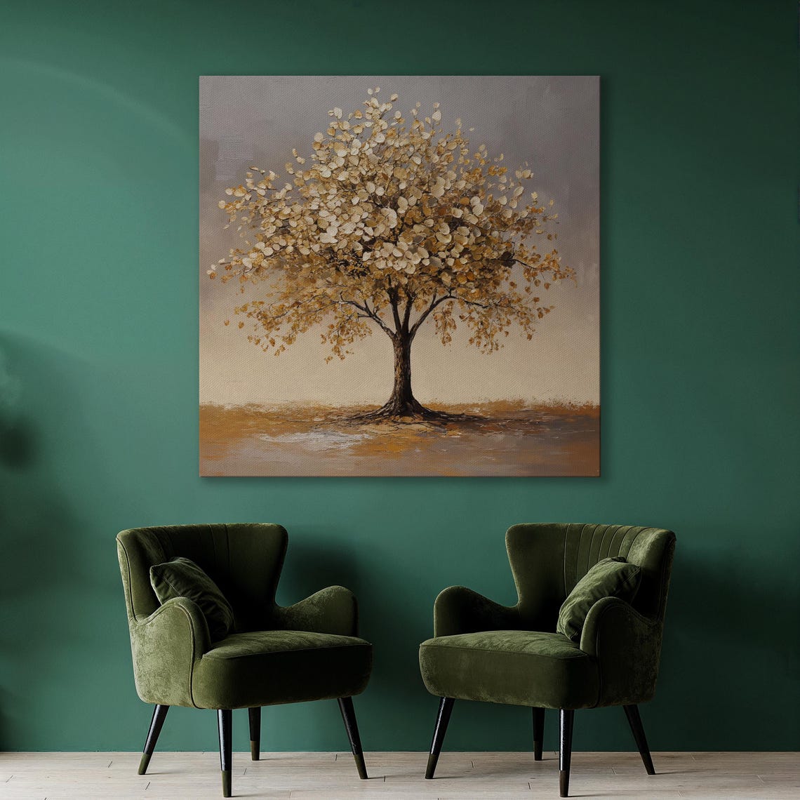 Elegant Cream and Gold Leaf Tree Abstract Nature Painting Wall Art - Image 2