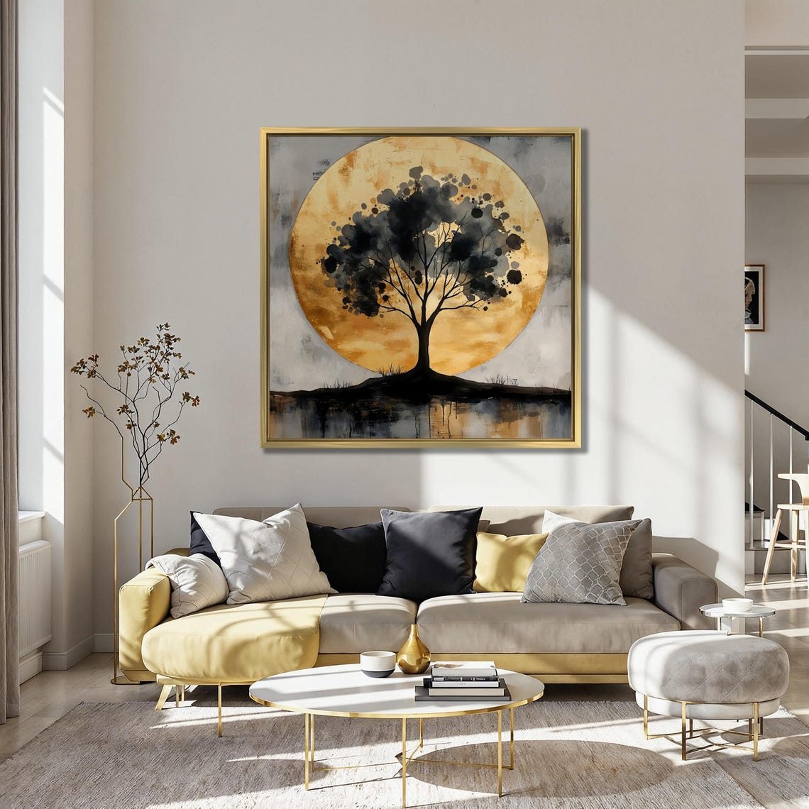 Abstract Tree Silhouette Wall Art Golden Moon Painting Print Modern Landscape Wall Decor Nature Inspired Poster Ready To Hang Gift - Image 5