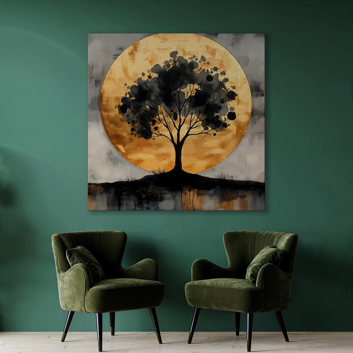 Abstract Tree Silhouette Wall Art Golden Moon Painting Print Modern Landscape Wall Decor Nature Inspired Poster Ready To Hang Gift - Image 3