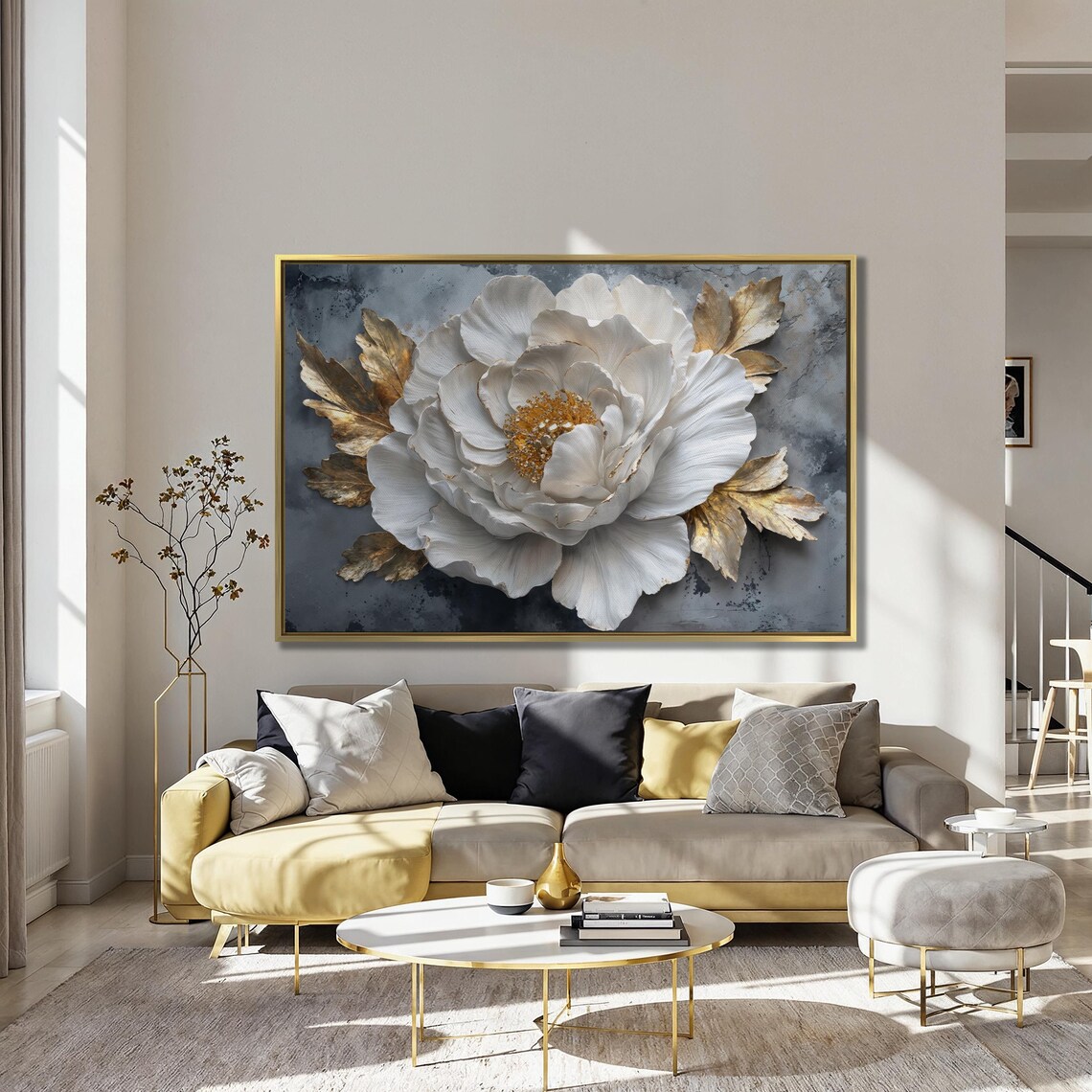 White Flower And Golden Leaves Wall Art Abstract Floral Painting Print Luxury Wall Decor Modern Botanical Poster Ready To Hang Gift - Image 4
