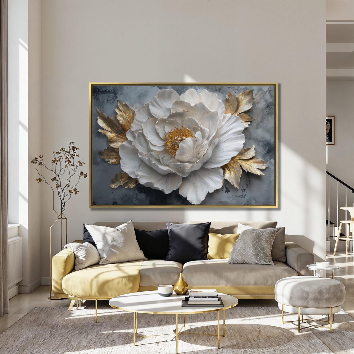 White Peony Bloom With Gold Leaves 3D Relief Floral Art Poster - Image 4