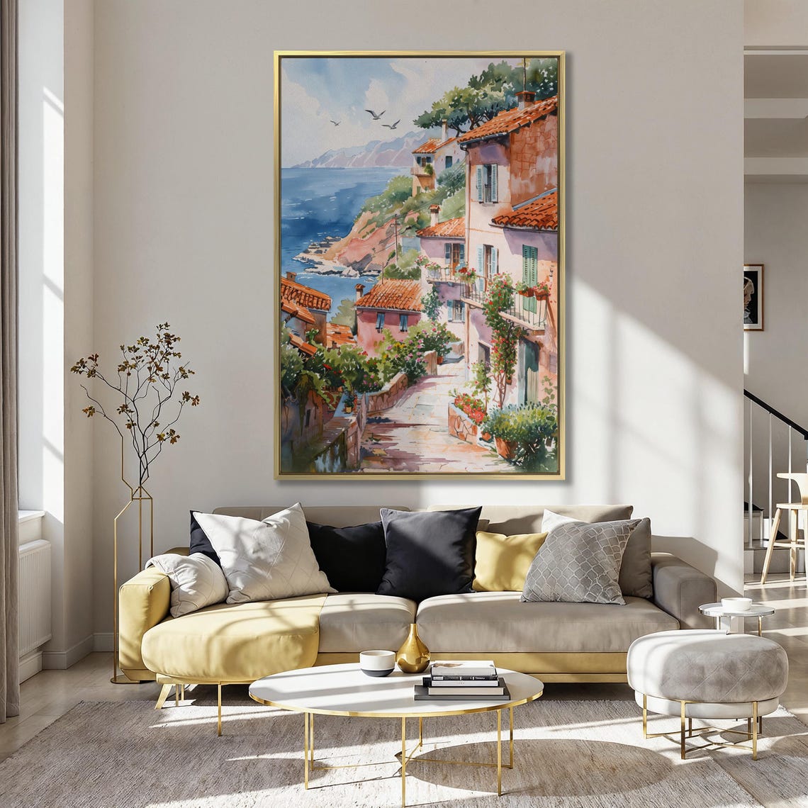 Mediterranean Seaside Village Watercolor With Terracotta Roofs Poster - Image 5