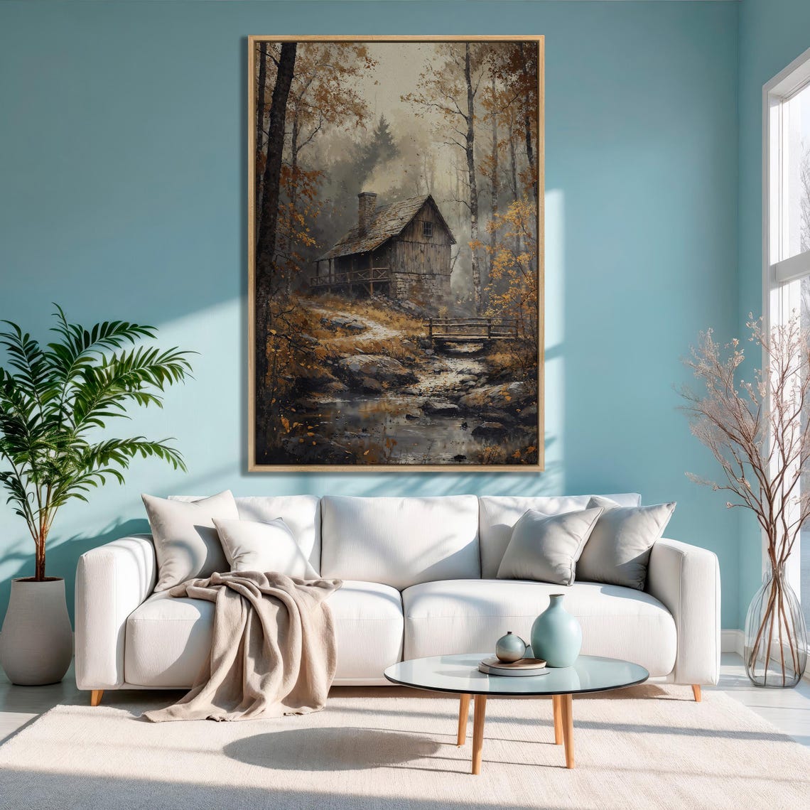 Old Wooden Cabin by Rocky Creek in Misty Autumn Forest Poster - Image 3