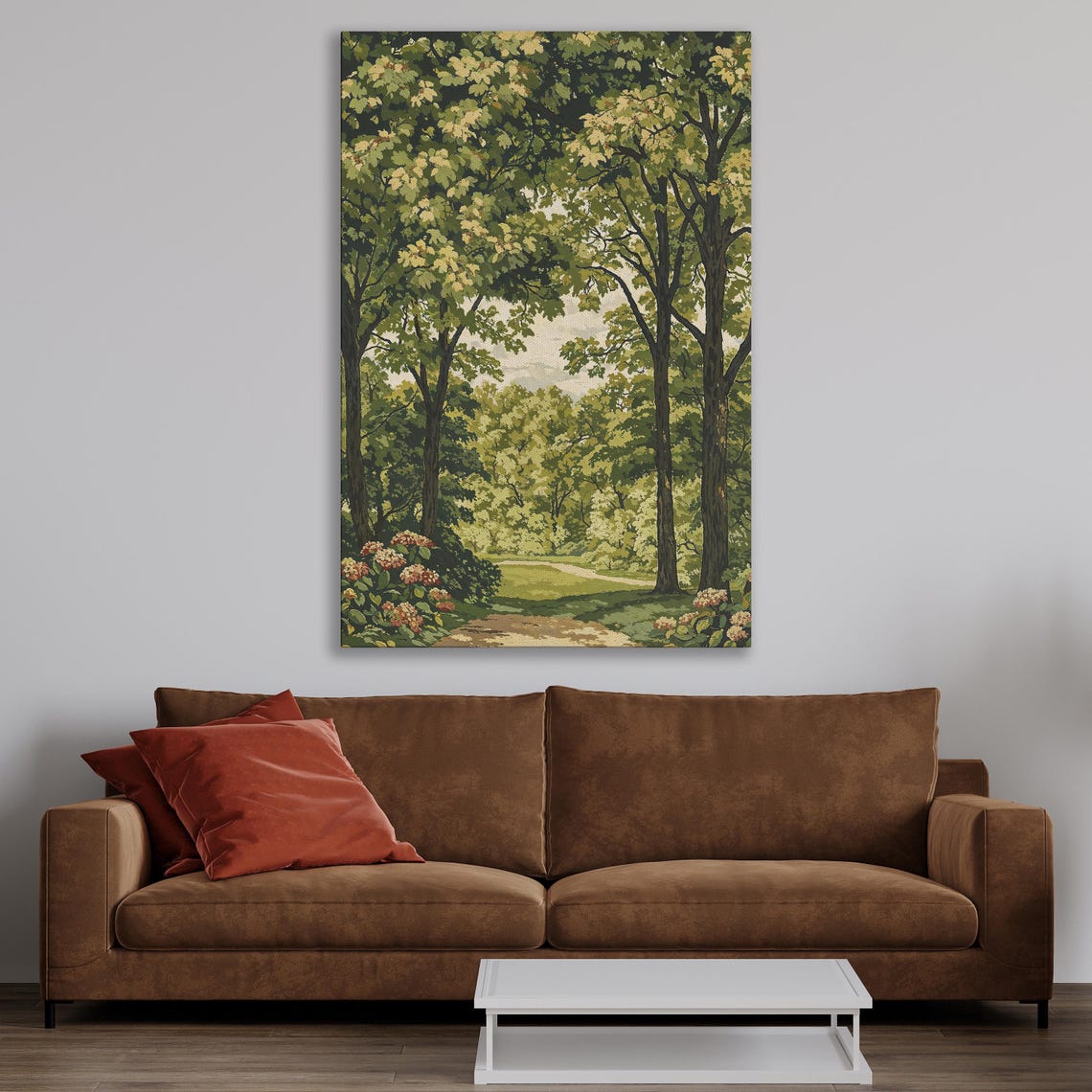 Vintage Green Forest Park with Hydrangea Bushes Path Art Poster - Image 4