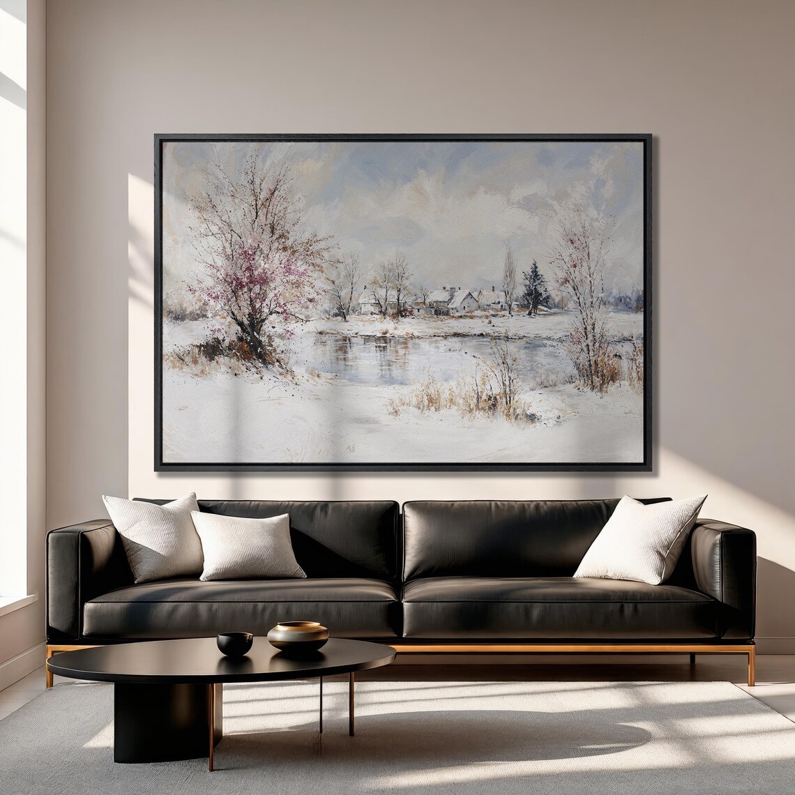 Winter Village Beside A Frozen Lake With Snowy Trees Landscape Poster - Image 3