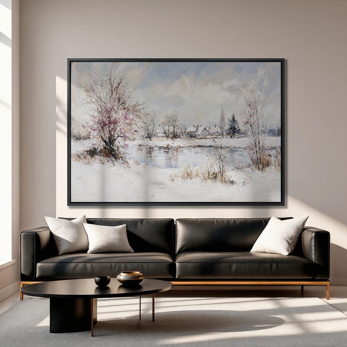 Winter Village By The Lake Framed Print Snowy Landscape With Cottages Scene Decor Winter Wonderland Wall Art Ready To Hang - Image 3