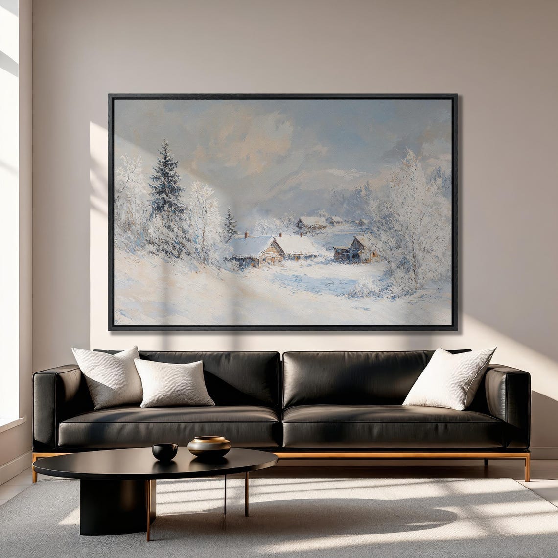 Winter Mountain Village Scene Extra Large Framed Print Frosty Morning In The Snowy Forest Wall Art Cabin Art Decor Ready To Hang - Image 3