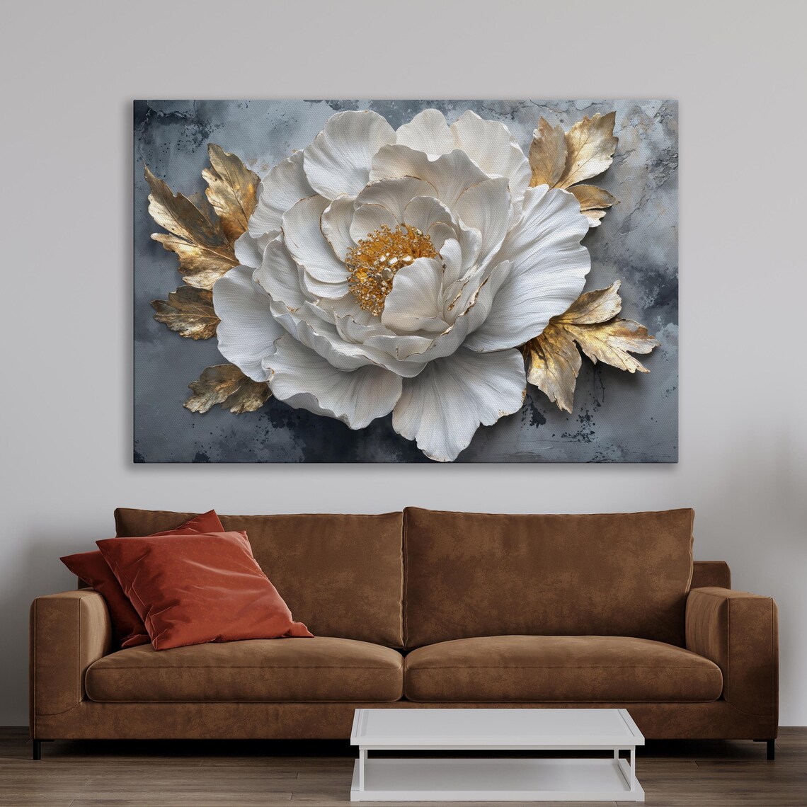 White Flower And Golden Leaves Wall Art Abstract Floral Painting Print Luxury Wall Decor Modern Botanical Poster Ready To Hang Gift - Image 3