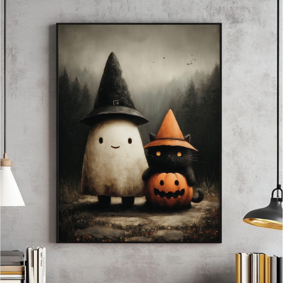 Cute And Black Cat In Dark Forest Wall Art Vintage Halloween Prints Academia Room Decor Instant