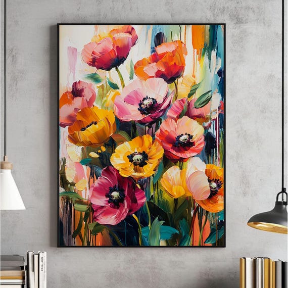 Abstract Floral Wall Art Colorful Flower Print Home Decor Gifts Maximalist Design Bold Colors Painting File