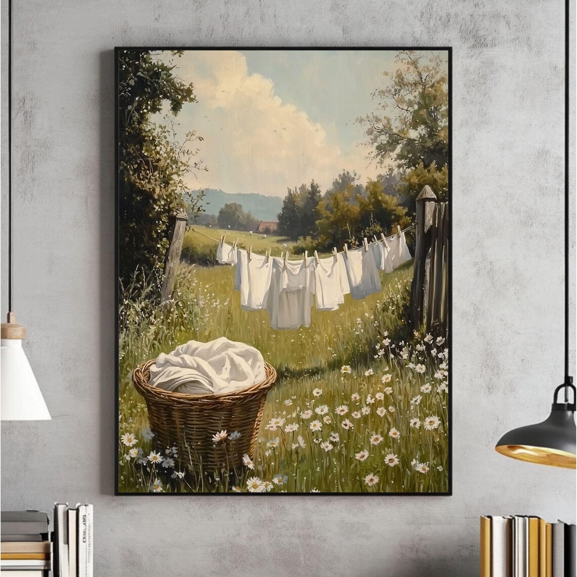 Farmhouse Laundry Day Art Print, Vintage Country Landscape