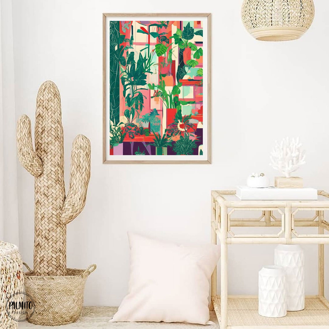 Dense Tropical Houseplants Coral Geometric Wall Illustration Poster - Image 2